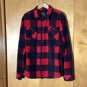 O’Neill red and black plaid article fleece shacket, size large